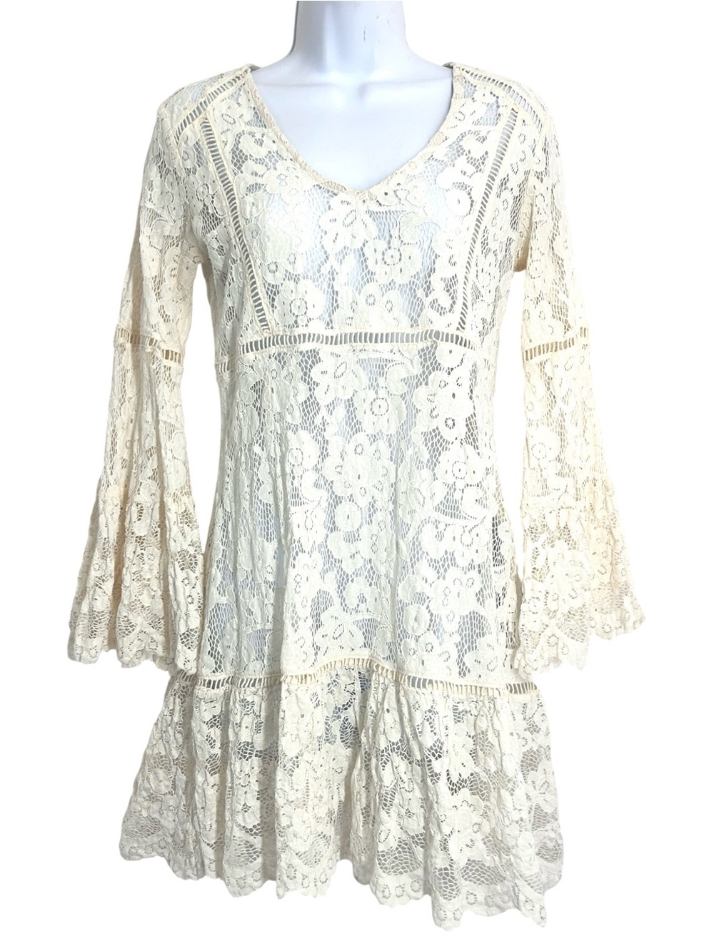 Scully Honey Creek Creme Lace Crochet Long Sleeve Mini Dress Size S Sheer